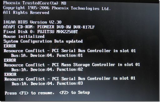 error resource conflict pci serial bus controller in slot 01 toshiba